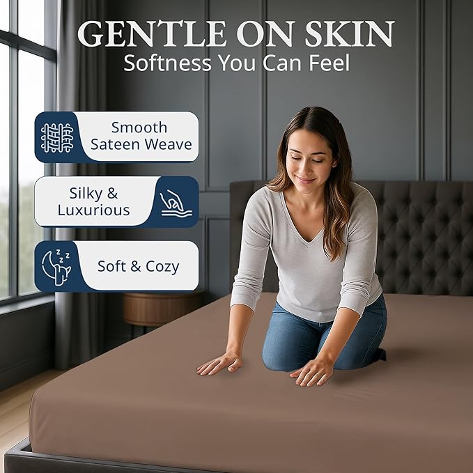 Lane Linen 100% Egyptian Cotton Twin Size Fitted Sheet Only (39"x75" + 15") - Elegant Sateen Weave, Ultra Soft, Breathable, Highly Durable, Deep Pockets Upto 17" - Sepia Rose