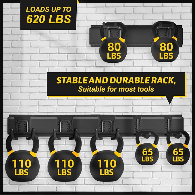 Suemoss Garage Tool Organizer Wall Mount, 64 Inches Garden Tool Organizer with Adjustable Hooks, Metal Garage Storage Rack Max Loading 620lbs, Tool Holder for Hanging Rake Broom Mop Snowboard