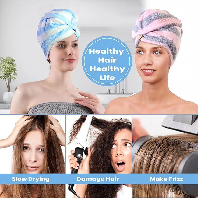 YHPDYL 3 Pack Microfiber Hair Towel Wrap for Women, Fast Drying Hair Turban with Button, Anti-Frizz Large Hair Towel for All Hair Styles, Soft & Absorbent Hair Drying Towel