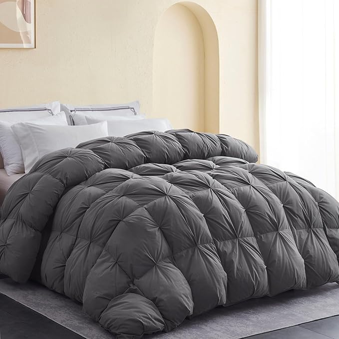 SNOWMAN Premium Down Comforter Queen Size, Luxurious All Season Duvet Insert with Cotton Blended Fabric, Pinch Pleat Design Hotel Bedding Comforter (Grey,90"x90")