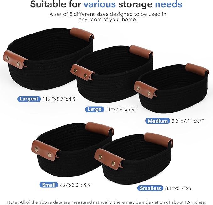ECDYQXVU 5 Piece Storage Baskets Small Woven Basket with Detachable Leather Handle, Cotton Rope Shelf Baskets for Closet Organizers, Different Sizes Basket Decor, Black