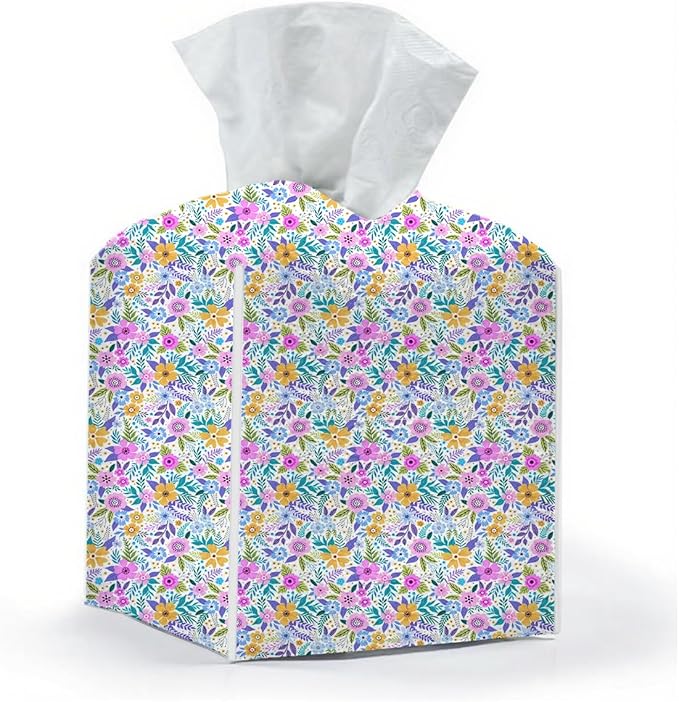 Tissue Box Cover, Tissue Box Holder, Square with Belt Bottom, PU Leather Decorative Organizer for Desk, Tabletop, Countertop Bathroom, Toilet Car, Office, Dresser Bedside, Aesthetic Floral Decor