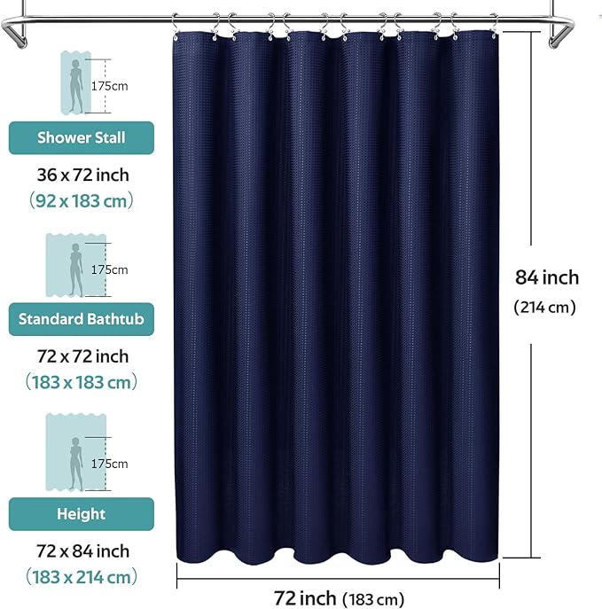 Vipfree 3 in 1 Shower Curtain Set, Waffle Shower Curtain and Liner Set with 12 Double Sided Shower Curtain Hooks, 258GSM Luxury Weighted Cloth Shower Curtains for Bathroom, 72 W x 84 H, Navy Blue