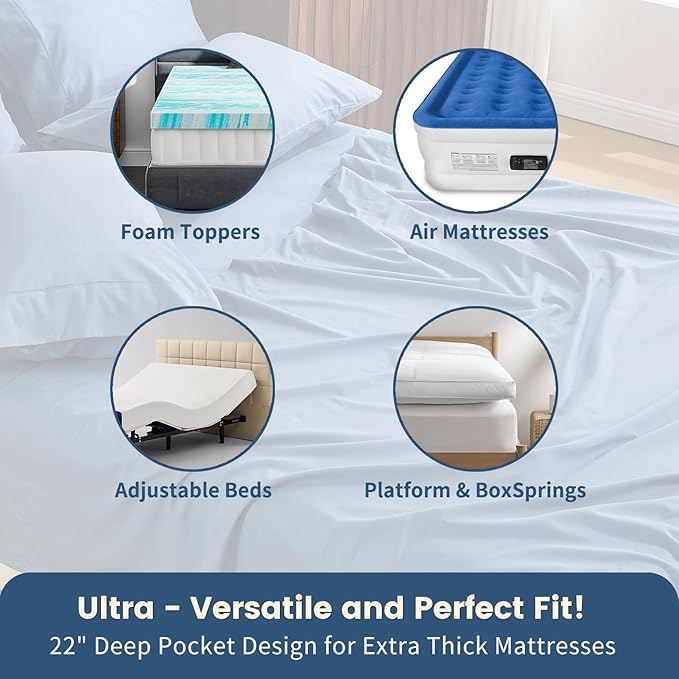 100% Linen Sheet Set King Size Extra Deep Pocket Fits 18-24 Inch Mattress, Breathable & Soft, Smooth 4-Piece Set for Thick Mattresses Hotel Luxury Bedding（King, Dusty Blue）