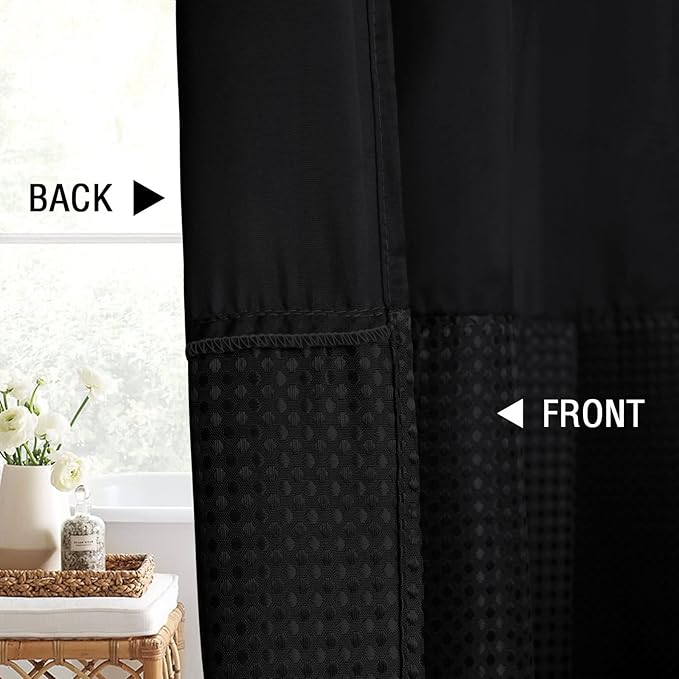 Gibelle Waffle Weave Shower Curtain with Mesh Top Window and Hooks Set, Spa Like Hotel Style Fabric Shower Curtain for Bathroom, Black, 72x72