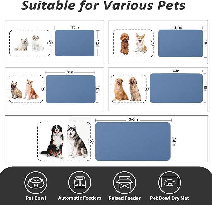 HotLive Dog Food Mat - Absorbent Cat Mat for Food and Water, No Stains Pet Feeding Bowl Mat, Easy to Clean Pet Placemats, Quick Dry Dog Water Dispenser Mat for Messy Drinkers | Blue 24"x36"