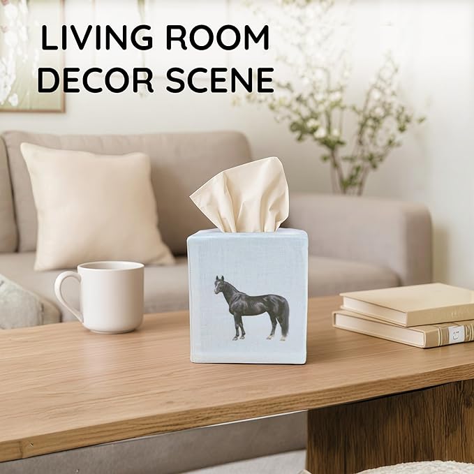 EmbroideryLinen.VN Tissue Box Cover Set of 2, Square Linen Tissue Holder, Printed Animal Pattern, 4.5x4.5x5.5 Inches, Decorative Holder for Bathroom, Living Room, Office (Horse - Ivory)
