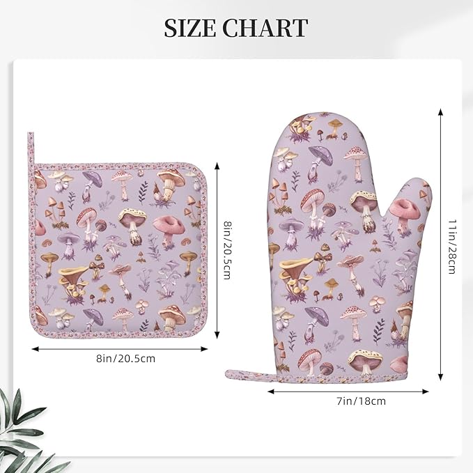 Oven Mitts Pot Holders Set Mushrooms Vintage Botanical Silicone Kitchen Gloves Potholders Heat Resistant for Chef Baking Cooking Grilling BBQ 4 Pack Mitt