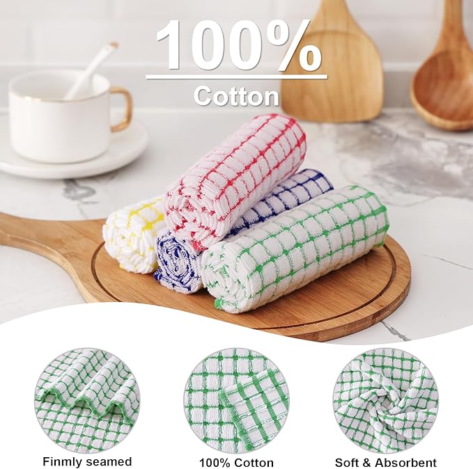 Kitinjoy Cotton 12 Pack Terry Kitchen Dish Cloths, 12 x 12 Inches Super Soft and Absorbent Dish Rags, Quick Drying Dish Towels for Washing Dishes, Green