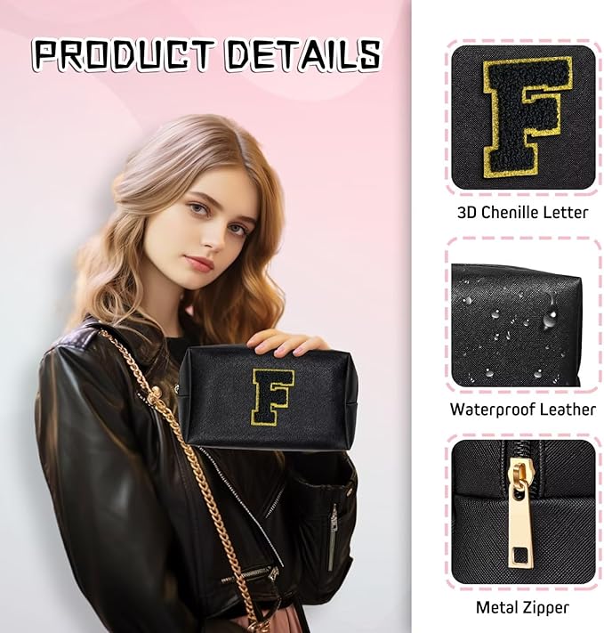 TOPEAST Preppy Makeup Bag, Small Cosmetic Travel Bags for Women, PU Leather Waterproof Toiletry Bag with Zipper, Personalized Birthday Gift for Women Girl, Preppy Gifts for Girl (Black F)