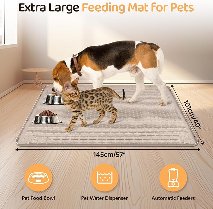 Bartuke Dog Food Mat, Extra Large 57" x 40" Silicone Pet Feeding Mat with Raised Edge Pet Placemat for Small, Medium, and Large Pets Non-Slip, Easy to Clean (Khaki)