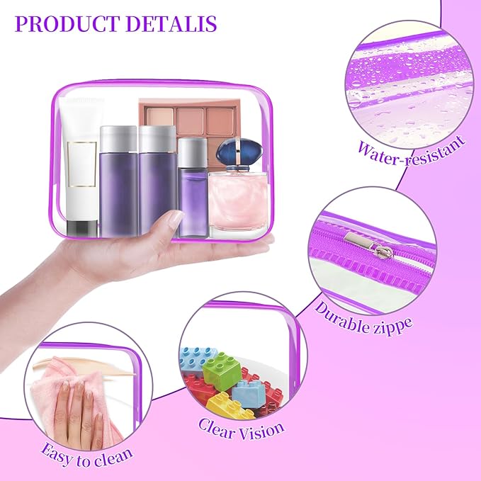 TISRATOK 24 PCS Clear Toiletry Bag for Women Men, Transparent Cosmetic Bag for Travel Makeup Organizer TSA Approved Pouch - Purple, Medium
