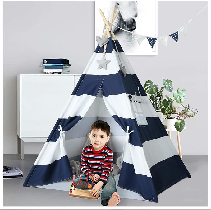 Ukadou Kids Teepee Tent for Boys Navy White Stripe Teepee Tent Indian Canvas Tents for Toddlers Indoor Playhouse Play Tent for Kids