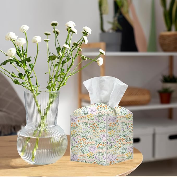 Tissue Box Cover, Tissue Box Holder, Square with Belt Bottom, PU Leather Decorative Organizer for Desk, Tabletop, Countertop Living Room, Toilet Car, Office, Dresser Bedside, Aesthetic Floral Decor