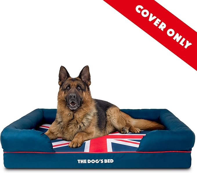 The Dog's Bed Replacement Outer Cover ONLY for The Dog's Bed, Washable Oxford Fabric, Extra Large (Blue with Red Piping UK Flag Embroidery & Centre Flag) Veterinary Approved