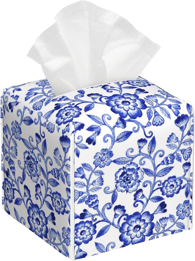 POIUBLE Leather Tissue Box Holder Watercolor Blue Flowers Tissue Box Cover Square Waterproof Tissue Holder Organizer Modern Napkin Holder for Bedroom Dresser Night Stand Office Desk