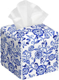 POIUBLE Leather Tissue Box Holder Watercolor Blue Flowers Tissue Box Cover Square Waterproof Tissue Holder Organizer Modern Napkin Holder for Bedroom Dresser Night Stand Office Desk