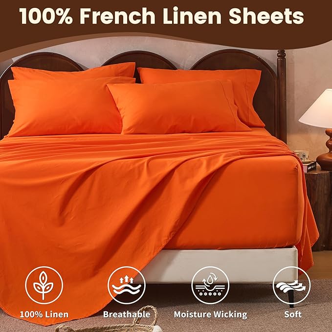100% Linen Sheet Set Queen Size Extra Deep Pocket Fits 18-24 Inch Mattress, Breathable & Soft, Smooth 6-Piece Set for Thick Mattresses Hotel Luxury Bedding（Queen, Orange）