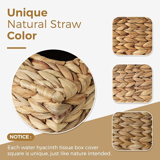 KALEKAIL 4 Pack Wicker Tissue Box Cover, Rattan Tissue Box Holder Square, Boho Decorative Woven Water Hyacinth Cube Tissue Holders