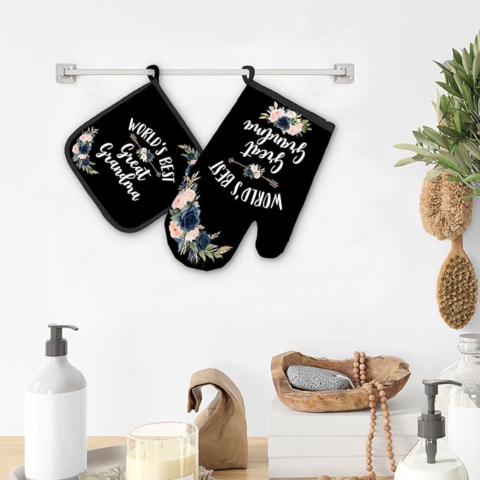 Great Grandma Gifts Oven Mitts and Pot Holders Sets, Gifts for Great Grandma Kitchen Decor Accessories Sets, World’s Best Great Grandma Heat Resistant Oven Glove Potholders for Kitchen Cooking