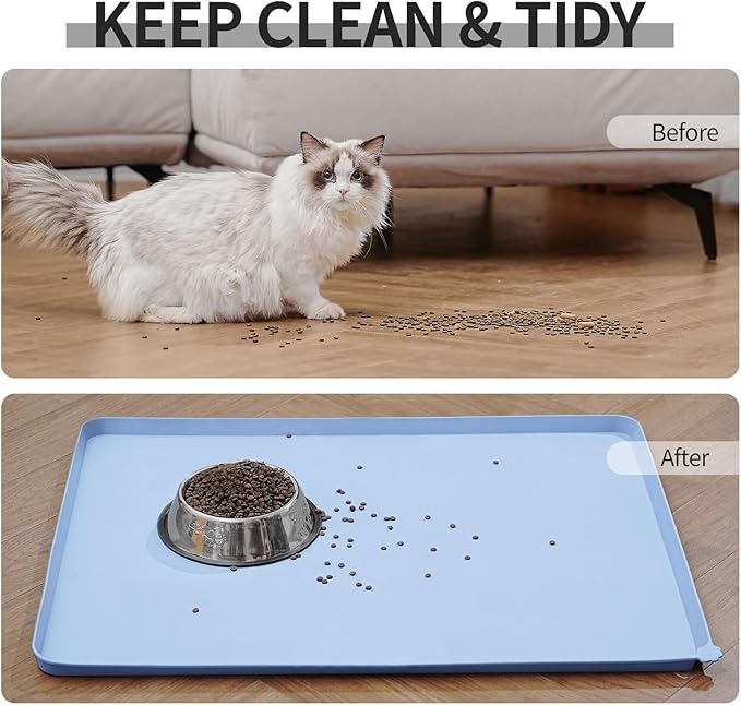 Reopet Waterproof Pet Feeding Mat with High Raised Edges, Heavier and Thicker Placemats for Cat Dog Water Bowl with BPA Free, Dogs Cats Food Mats for Messy Drinkers to Prevent Spill and Protect Floors