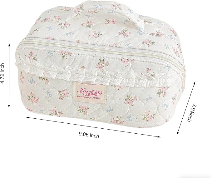 HiTotes Travel Makeup Bag Coquette Floral Cosmetic Bag Quilted Wide Open Lay Flat Toiletry Bag Cute Travel Makeup Pouch