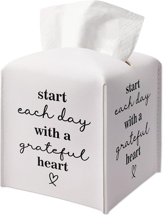 Leather Decorative Tissue Box Cover Square, Cube Tissue Box Cover Holder, Inspirational Gifts Ideas for Bestie, Start Each Day with A Grateful Heart, Bathroom Office Decor -(5.2 Inches) A44