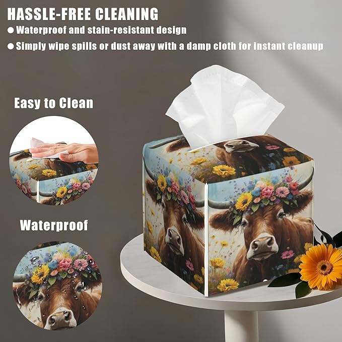 BLYKVGHQ Leather Tissue Box Holder Cow with Flowers Tissue Box Cover Facial Paper Case Organizer Cube Napkin Dispenser for Bathroom Vanity Countertop Night Stand Office Car