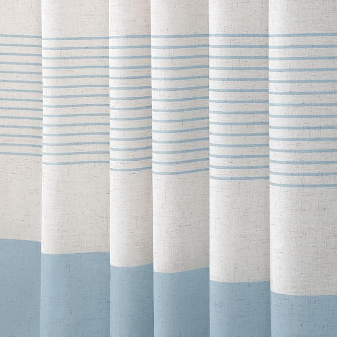 XOGUIBO Aqua Blue Shower Curtain Linen Coastal Ocean Striped Shower Curtains for Bathroom with Tassel 72 X 72