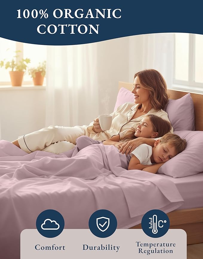 LANE LINEN 100% Organic Cotton King Size Sheets Set, Machine Washable Fully Elasticized Low Pill Fade Resistant Cotton Sheets, Soft & Comfy Percale Eco Friendly All Season sábanas King -Sepia Rose