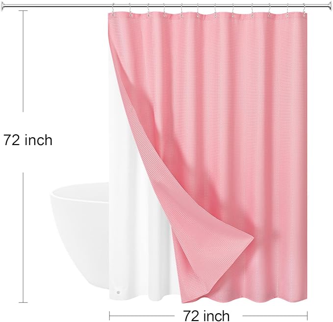 Craidlela 3 in 1 Shower Curtain Set, Pink Waffle Shower Curtain and PEVA Liner Set with 12 Stainless Steel Shower Curtain Hooks, Waterproof Fabric Shower Curtains for Bathroom, 72 W x 72 H
