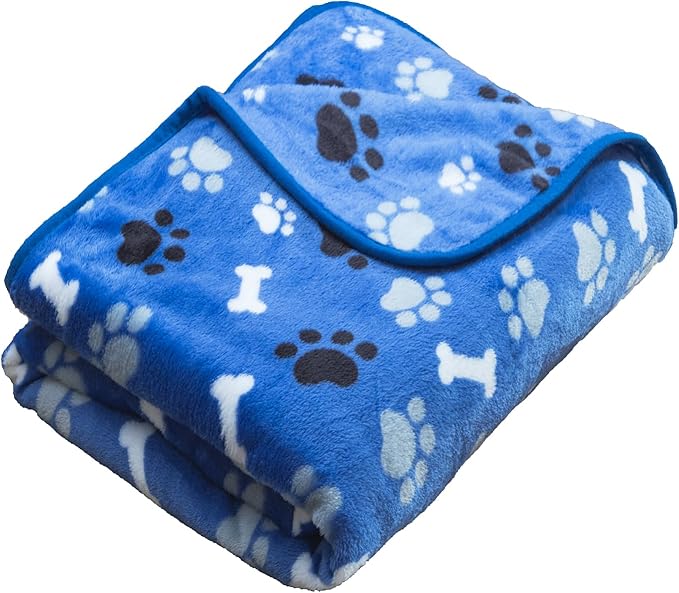 AIWEK Dog Blanket Paw Bone Pattern 1 Pack 1 Super Soft Warm Flannel Sofa Cover Car Bed Protector, Urine Proof Washable Outdoor Pet Blanket for Puppy Large Dogs & Cats,80"*60" Blue