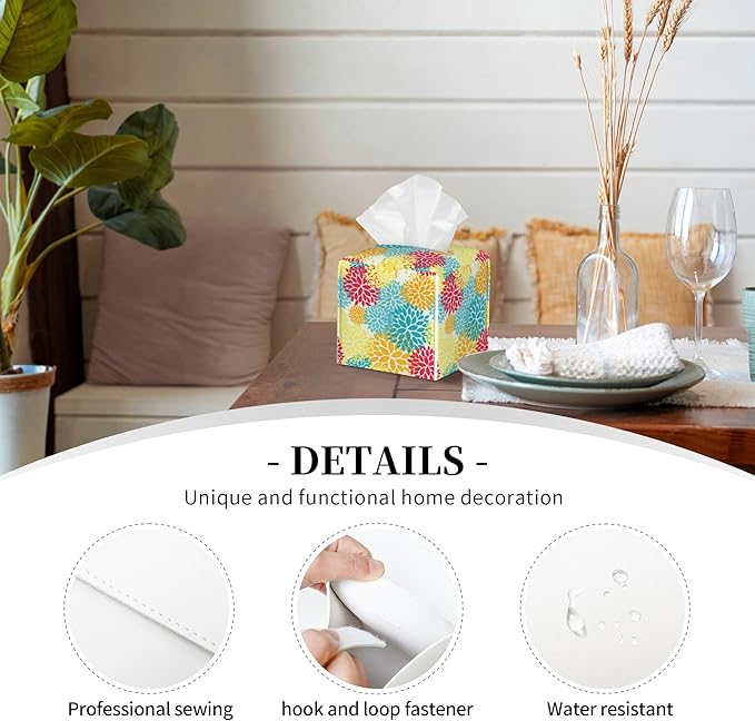 POIUBLE Chrysanthemum Flower Tissue Box Cover Leather Tissue Box Holder Square Facial Paper Organizer Dispenser for Bathroom Kitchen Bedroom Vanity Countertop Night Stands