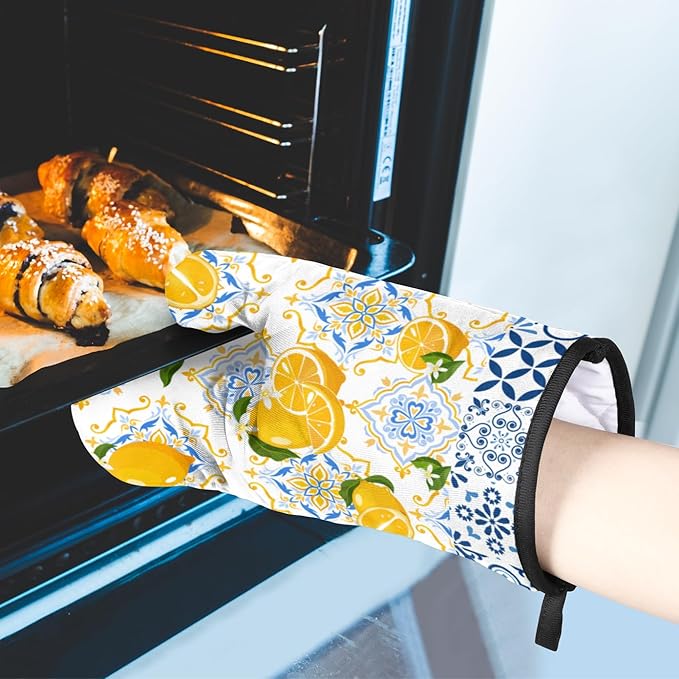 Oven Mitts and Pot Holders Set Ethnic Lemon - Heat Resistant Oven Gloves Potholder for BBQ Baking Grilling Cooking Kitchen Set of 2,Citrus Lemon Flower