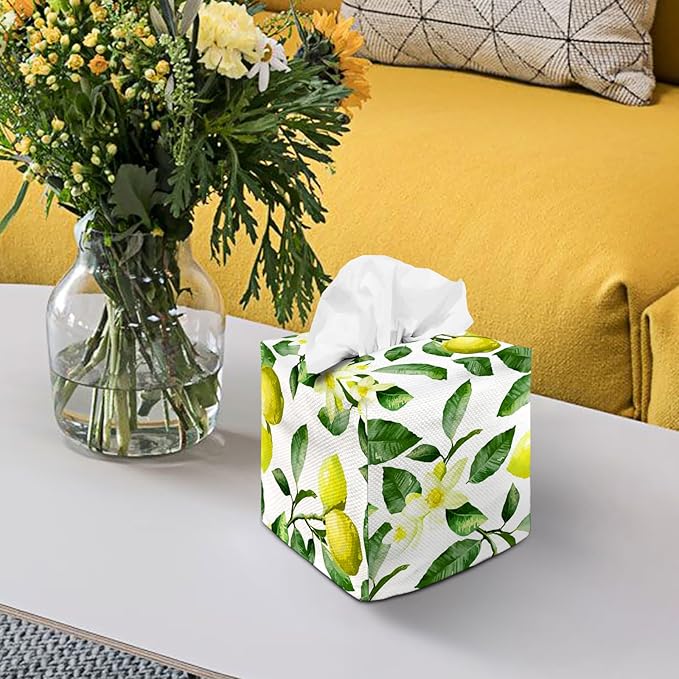 Tissue Box Cover Square Decorative Tissue Box Holder Cute Funny Cube Tissue Case Cover-Fresh Lemon Flower Tissue Box Cover