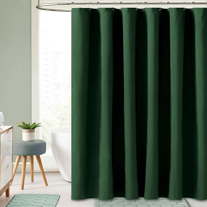 BTTN Stall Fabric Shower Curtain, 54x78 Inch Long Linen Textured Heavy Duty Thick Shower Curtain Set with 10 Plastic Hooks, Hotel Weighted Waterproof Neutral Bath Curtains for Bathroom, Emerald Green