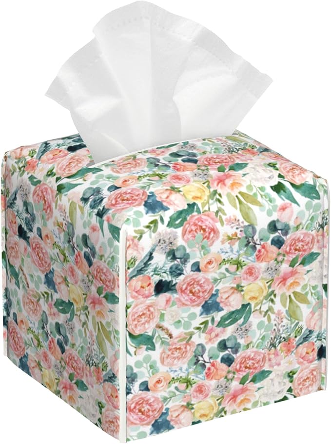 BLYKVGHQ Pink Watercolor Flowers Tissue Box Cover Square, Tissue Box Holder with Bottom Belt Leather Facial Paper Organizer Dispenser for Bathroom Bedroom Dresser Night Stand Tabletop