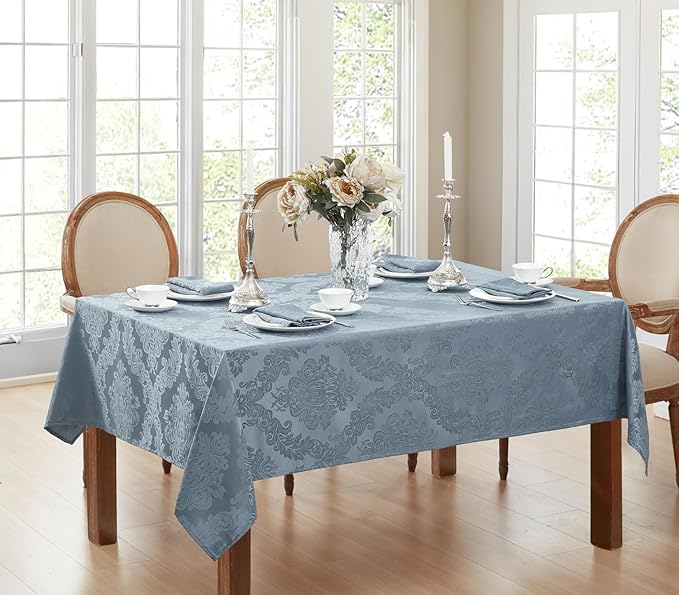 Newbridge Barcelona Damask Fabric Tablecloth, 60 x 144 Inch Rectangle, Blue – No Iron, Soil Resistant Table Cover for Dining, Parties and Holidays