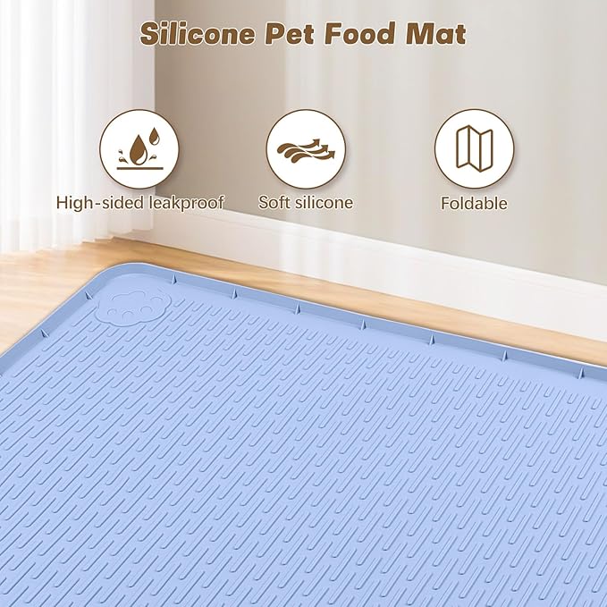 Bartuke Cat Food Mat, 40" x 28" Extra Large Silicone Pet Feeding Mat with Raised Edge Pet Placemat for Food and Water Bowl Non-Slip, Easy to Clean, Floor Protection (Blue)