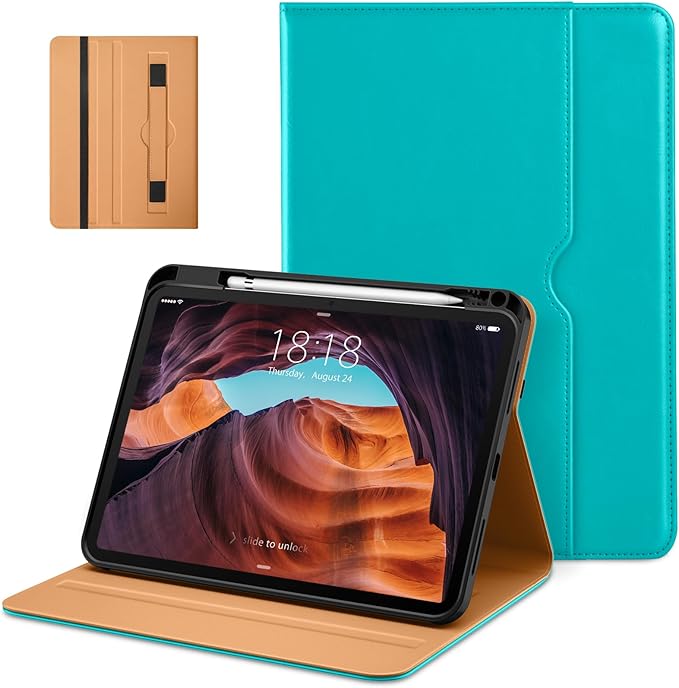 DTTO for iPad (A16) 11th Generation Case 11 Inch 2025, iPad 10th Generation Case 10.9 Inch 2022, Premium Leather Business Folio Stand Cover with Pencil Holder - Auto Wake/Sleep, Cyan Blue