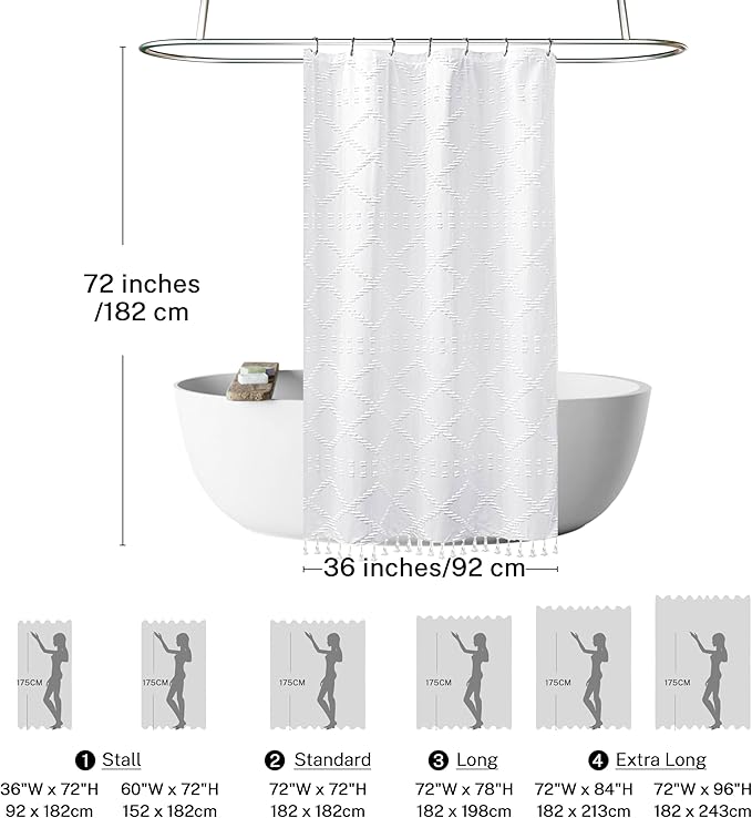 Siiluminisoy Small Stall Boho Shower Curtain White Tassle Woven Fabric Shower Curtain 36 x 72 Half Size Tufted Chevron Striped Textured Modern Farmhouse Minimalist Cloth for Bathroom