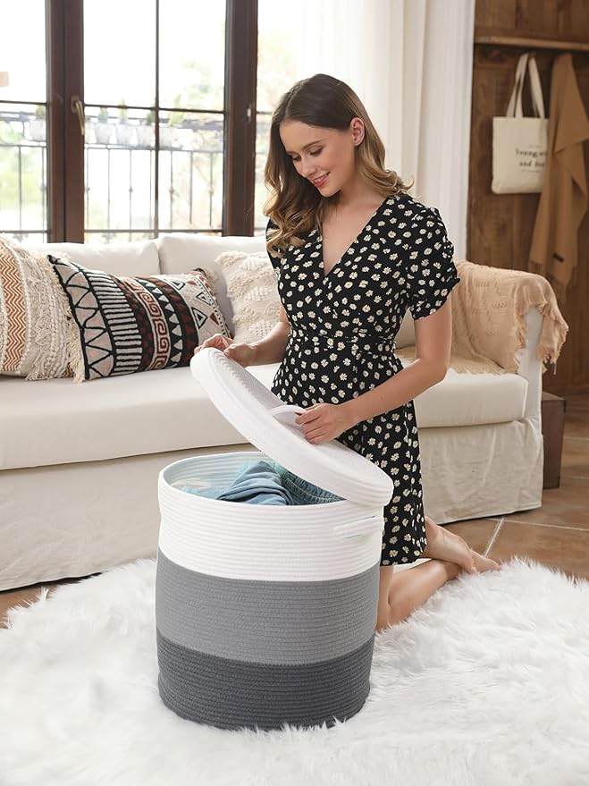 16" x 16" x 18" Extra Large Storage Basket with Lid, Cotton Rope Storage Baskets, Laundry Hamper, Cloth Bin, for Clothes Towels Blankets Pillows Storage in Living Room, Grey/Dark Grey with Cover