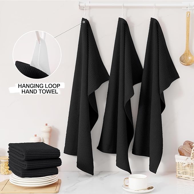Homaxy Premium Kitchen Towels (18"x 28", 8 Pack), Large 100% Cotton Kitchen Hand Towels, Ultra Absorbent Ribbed Terry Tea Towels Set with Hanging Loop, Black