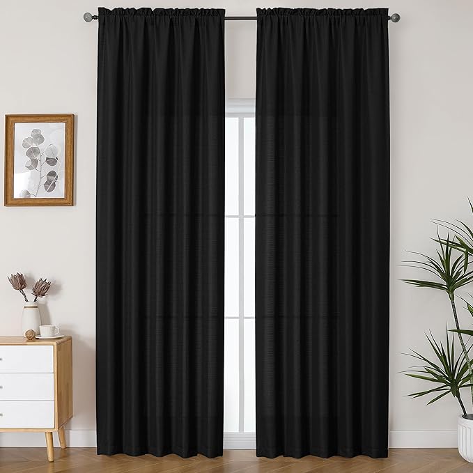 Lecloud Bessie Faux Linen Black Curtains 2 Panels 96 Inches Long, Airy Light Filtering Privacy Drapes with Rod Pocket for Bedroom Dining Room Window Treatments for Daily Home Use, Each 50" W x 96" L