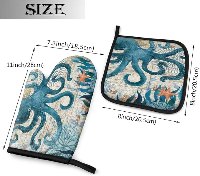 Sea Octopus Nautical Retro Ocean Oven Mitts and Pot Holders Insulated Gloves & Kitchen Counter Safe Mats for Cooking BBQ Baking Grilling (2-Piece Set)