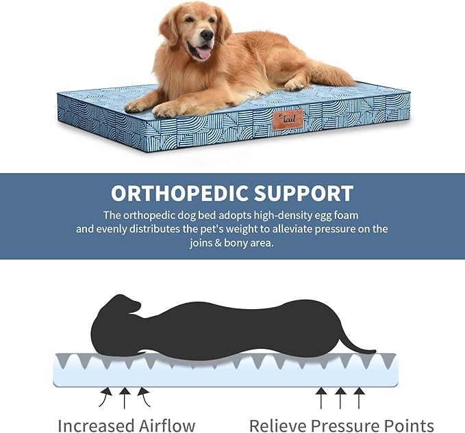 Tail Stories Outdoor Extra Large Dog Bed, Jumbo Waterproof Dog Bed for Large Dogs, Orthopedic Egg Crate Foam Pet Mat with Removable Oxford Cooling Cover, White Blue