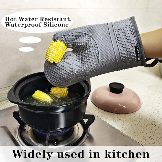 Silicone Oven Mitts and Pot Holders Sets 3PCS for Kitchen, Oven Gloves Heat Resistant 500°F, Non-Slip Silicone Potholder 7.1”, Thick Oven Mitts & Thick Hot Pads Protection for Cooking, Grey