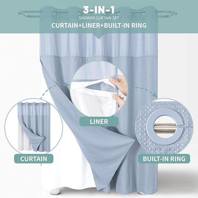 eachope FrostBlue Extra Long No Hook Waffle Weave Shower Curtain with snap-in Liner Replacement, 230GSM Waterproof Fabric Hotel Shower Curtain Set for Bathroom, Through Mesh Top Window,71Wx86H
