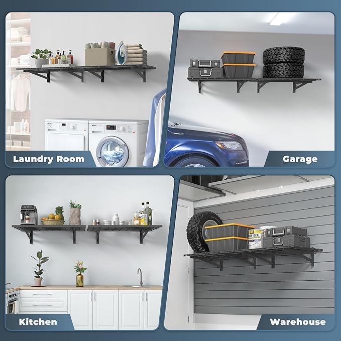 Jusgym 2 Pack Heavy Duty Garage Wall Shelving Set (2x3ft), Wall Mounted Garage Shelves 700lbs Capacity, 24"x72" Wall Shelf Storage Rack Floating Shelves, Black