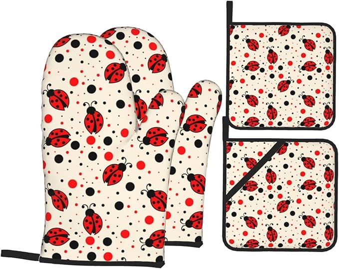 Ladybugs Oven Mitts and Pot Holders 4 Pcs Set Oven Gloves and Potholders for Cooking Microwave BBQ Baking Grilling